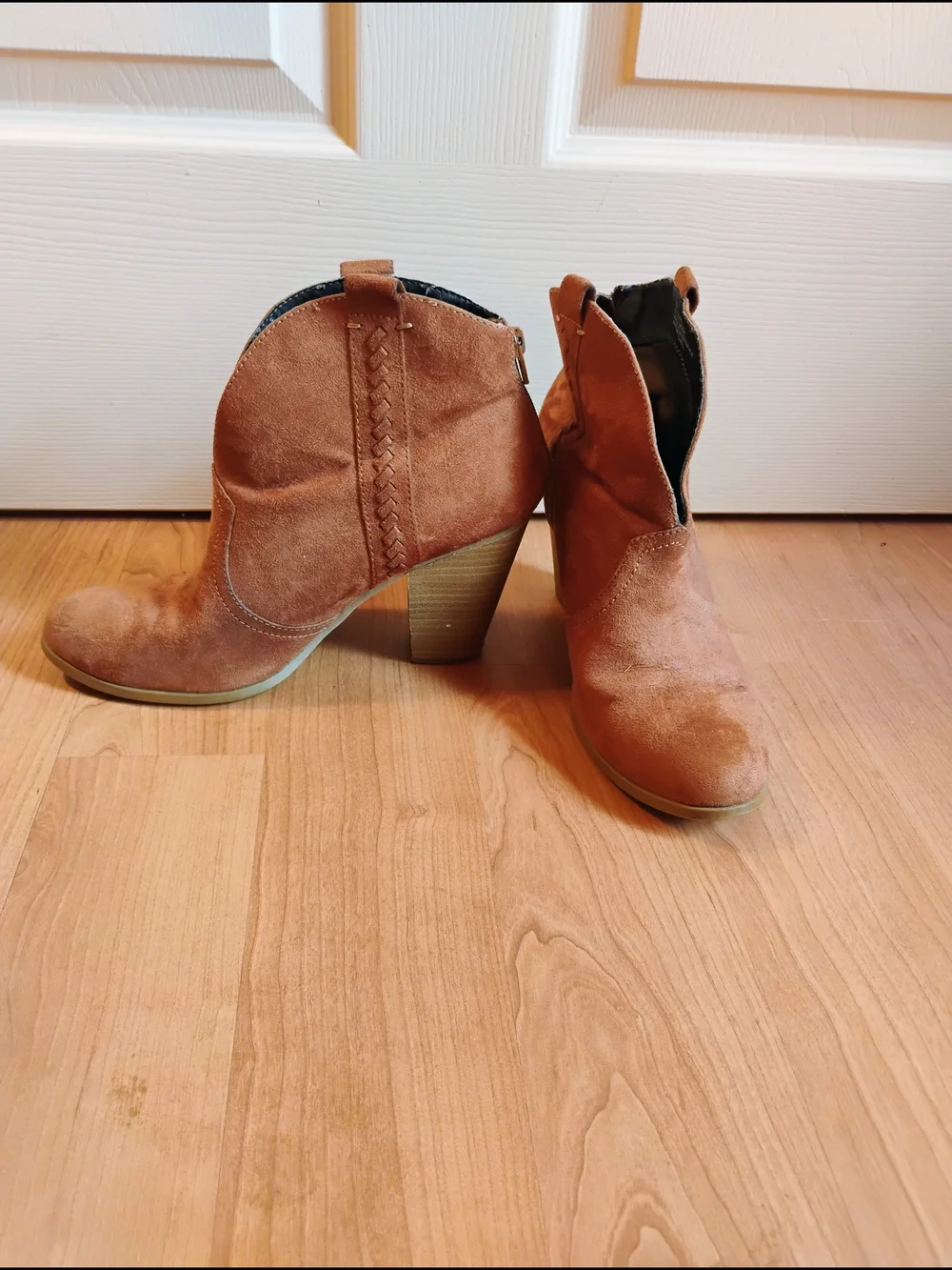 Women's Tan Suede Ankle Booties with Block Heel